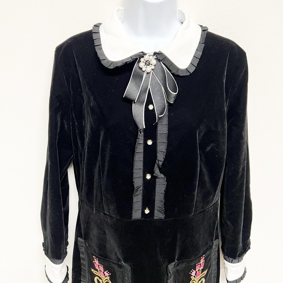 BURRYCO Womens Black Velvet Peter Pan Collar Embroidered Pocket A Line Dress - Picture 4 of 14